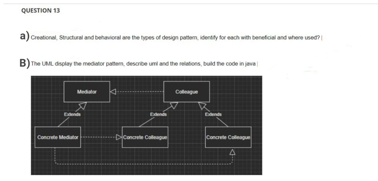 Solved QUESTION 13 a) Creational, Structural and behavioral | Chegg.com