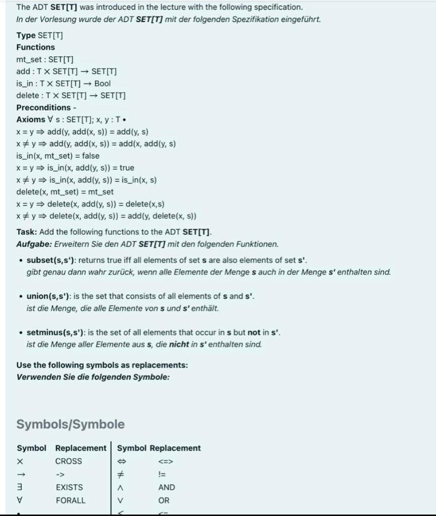 Solved The ADT SET[T] was introduced in the lecture with the | Chegg.com
