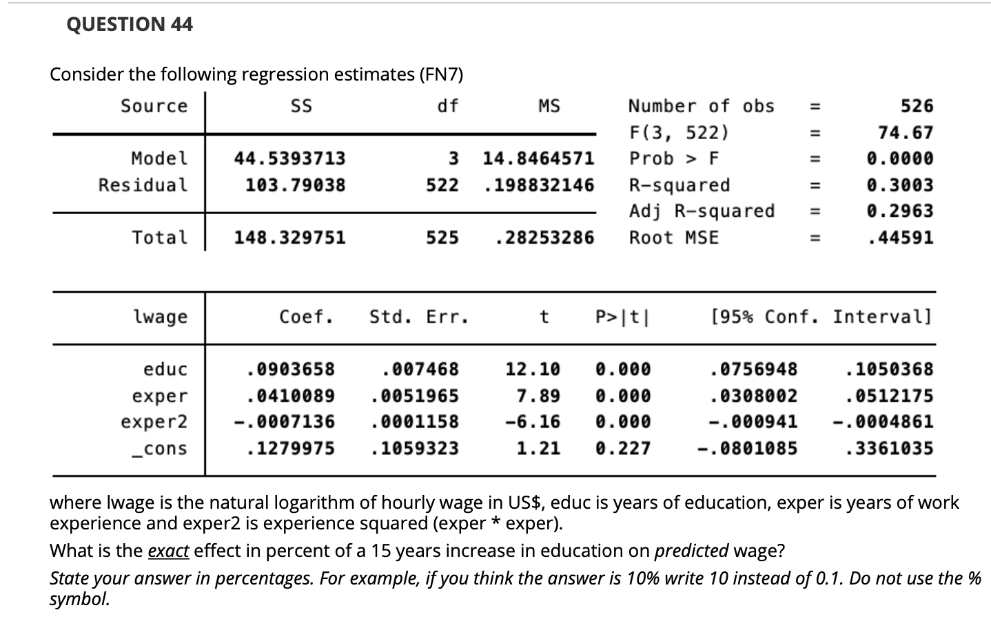 Solved QUESTION 44 Consider the following regression | Chegg.com
