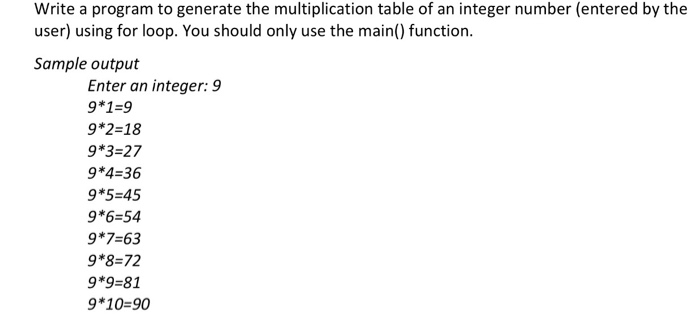 Solved Write a program to generate the multiplication table | Chegg.com