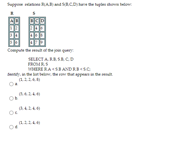 Solved Suppose Relations R(A,B) And S(B,C,D) Are As Follows: | Chegg.com