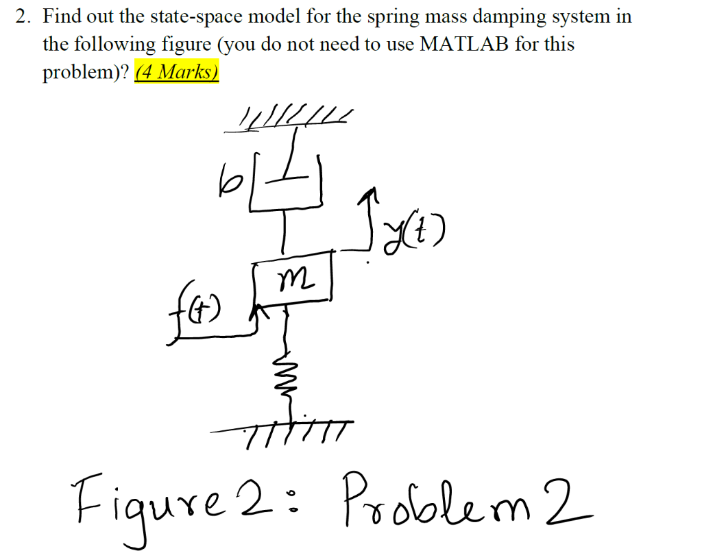 2. Find out the state-space model for the spring mass damping system in
the following figure (you do not need to use MATLAB f