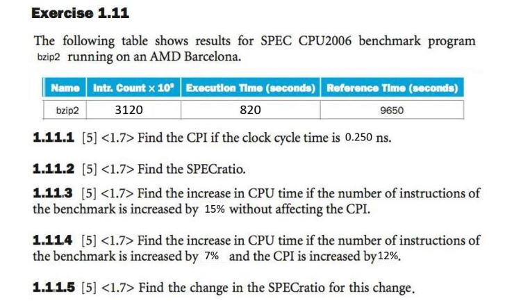 Exercise 1.11 The following table shows results for SPEC CPU2006 benchmark program bzip2 running on an AMD Barcelona. Intr. C