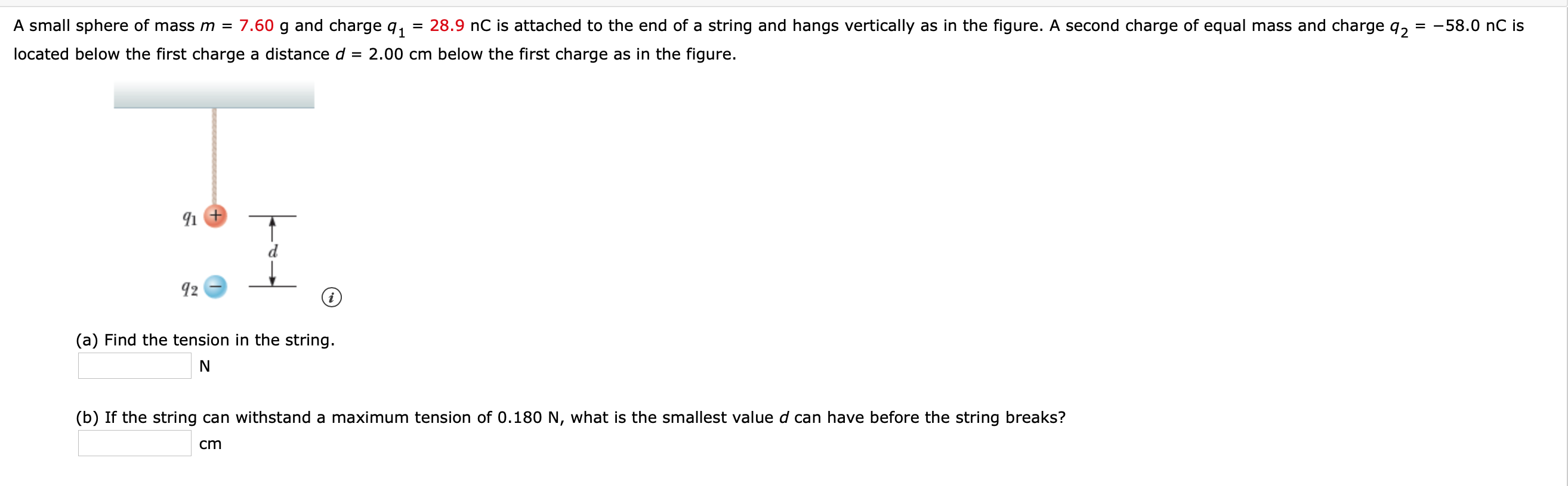 Solved A small sphere of mass m = 7.60 g and charge 91 = | Chegg.com