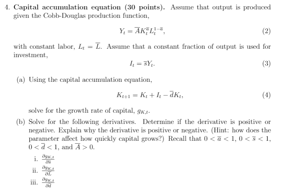 Solved 4. Capital accumulation equation (30 points). Assume | Chegg.com