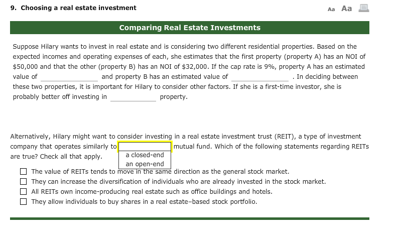 Solved 9. Choosing a real estate investment Aa Aa Comparing