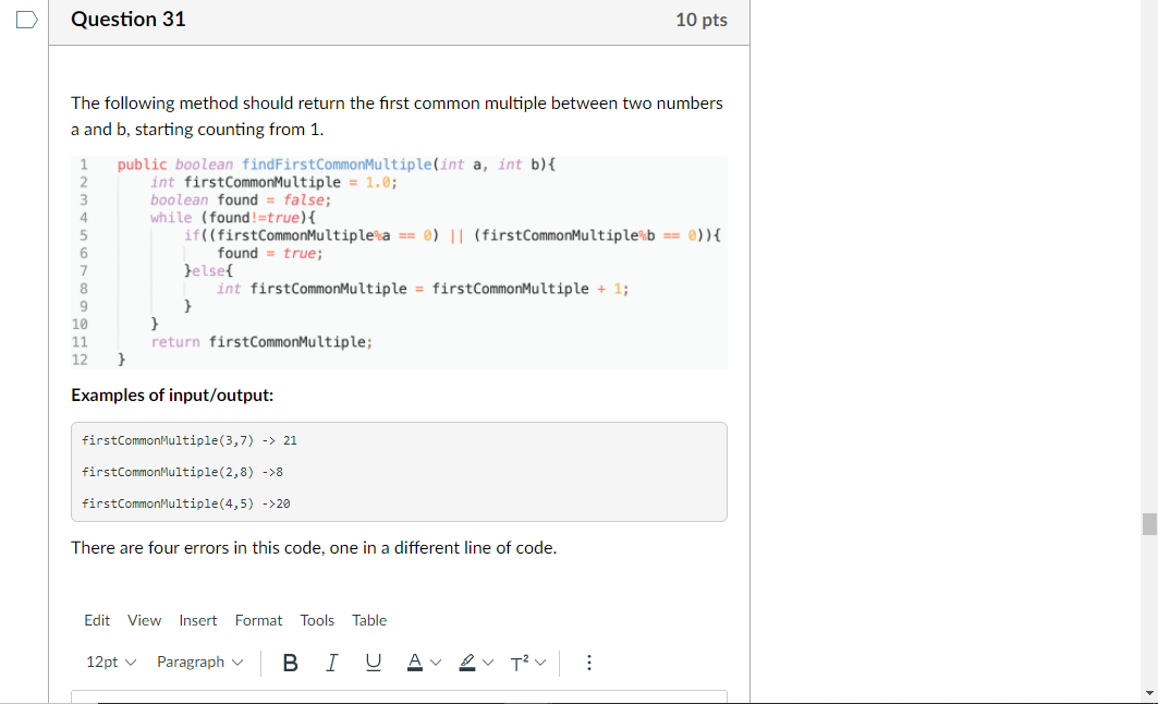 Solved Question 31 10 pts The following method should return | Chegg.com