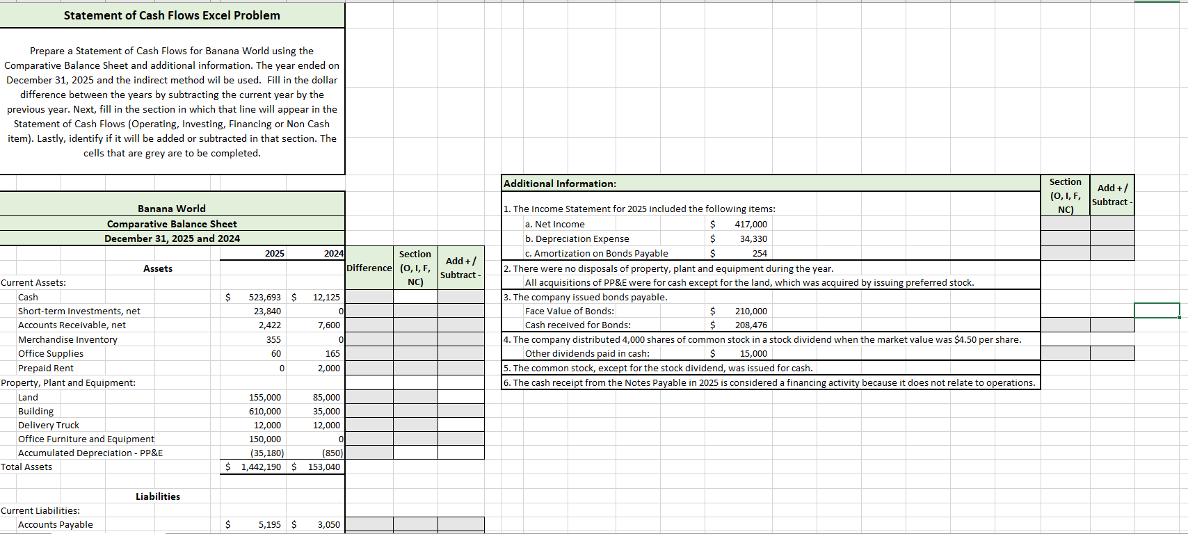 Solved Statement of Cash Flows Excel Problem Prepare a | Chegg.com