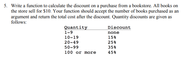 Solved 5. Write a function to calculate the discount on a | Chegg.com