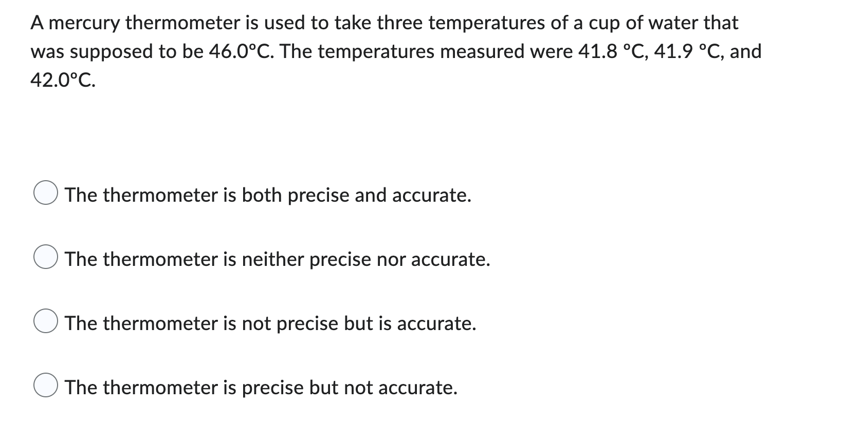 A thermometer is used to measure the temperature of a glass of milk and a  glass of water. The thermometer has different mercury levels for each of  the measurements as shown. Which