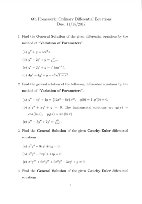 Solved 6th Homework: Ordinary Differential Equations Due: | Chegg.com