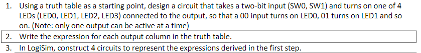 1. Using a truth table as a starting point, design a circuit that takes a two-bit input (SWO, SW1) and turns on one of 4
LEDS