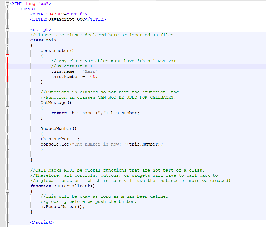 F<HTML lang=en> <HEAD> <META CHARSET=UTF-8> <TITLE>JavaScript ooc</TITLE> <script> //classes are either declared here or