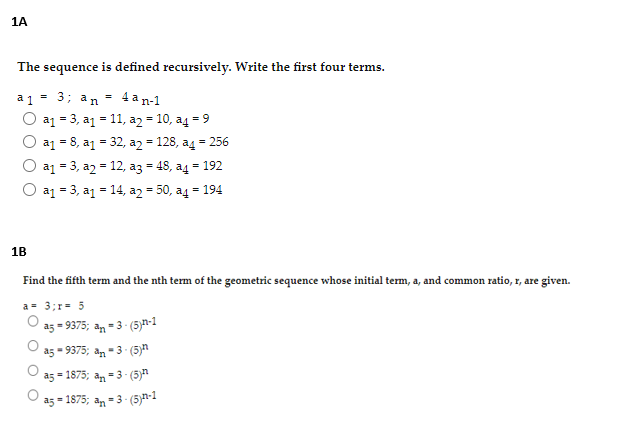 Solved 1A The sequence is defined recursively. Write the | Chegg.com