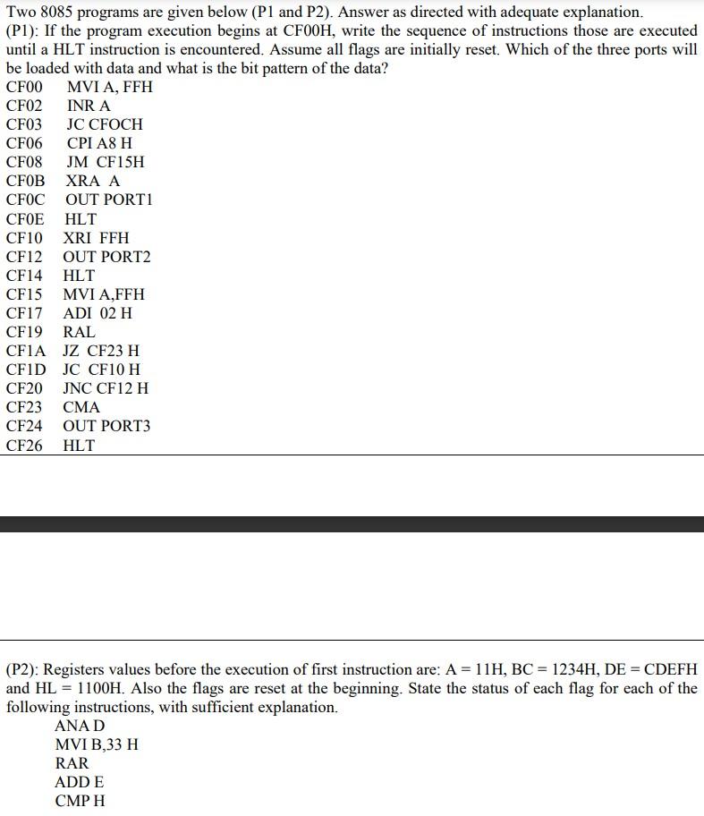 Solved Two 8085 programs are given below ( P1 and P2 ). | Chegg.com