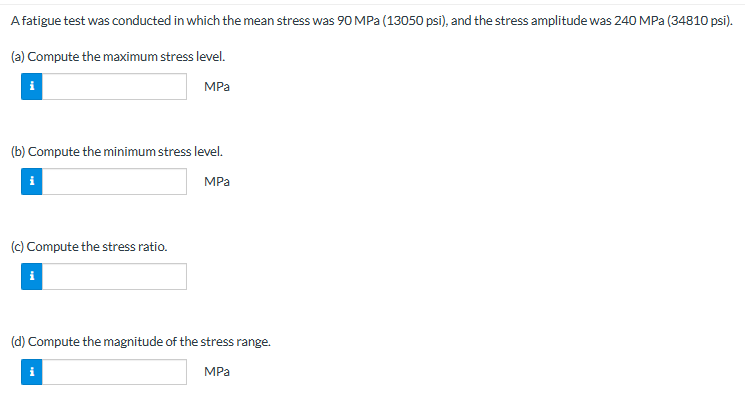 Solved A fatigue test was conducted in which the mean stress | Chegg.com