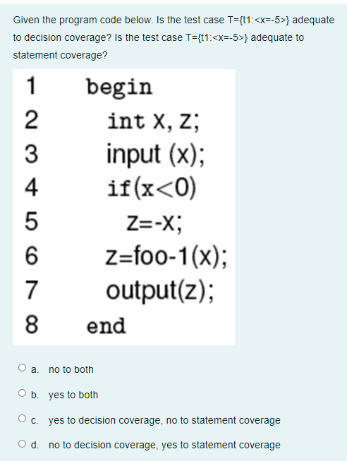 Solved Given the program code below. Is the test case | Chegg.com