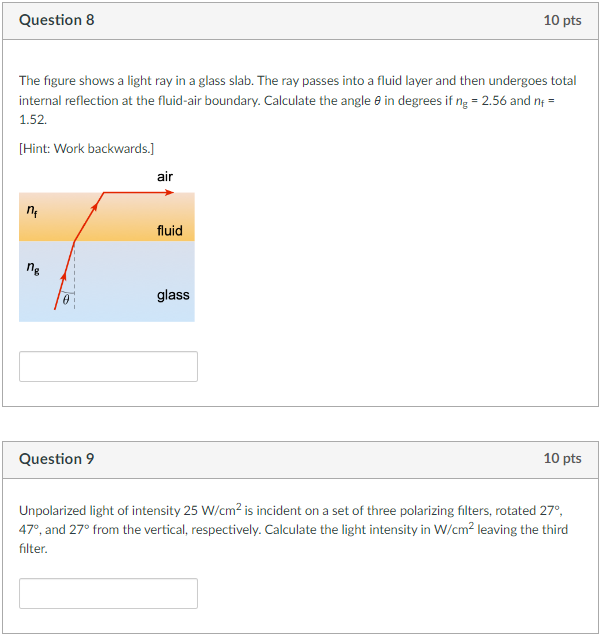 Solved 10 pts Question 8 The figure shows a light ray in a | Chegg.com
