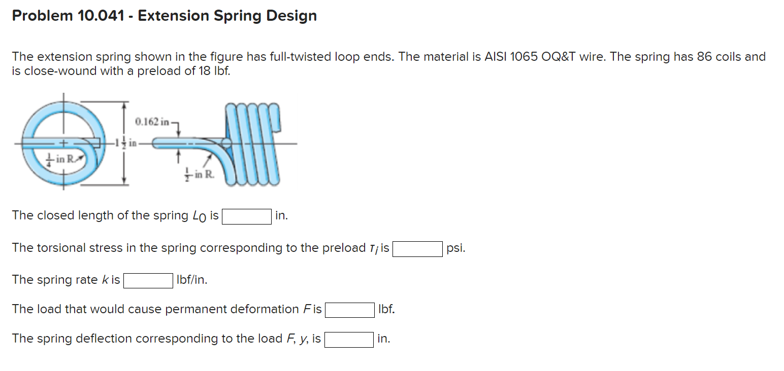 The extension spring shown in the figure has full-twisted loop ends. The material is AISI 1065 OQ\&T wire. The spring has 86 