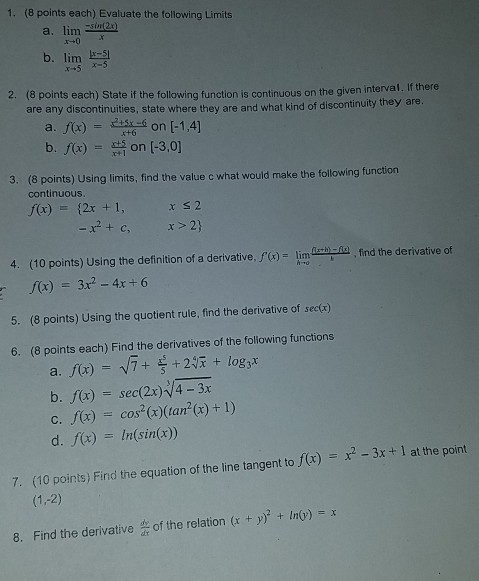 Solved 1. (8 points each) Evaluate the following Limits a. | Chegg.com