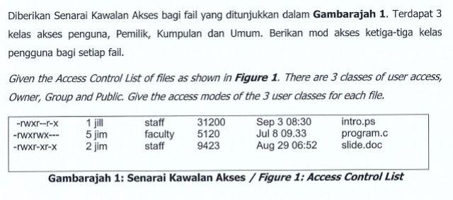 Diberikan Senarai Kawalan Akses bagi fail yang ditunjukkan dalam Gambarajah 1. Terdapat 3
kelas akses penguna, Pemilik, Kumpu