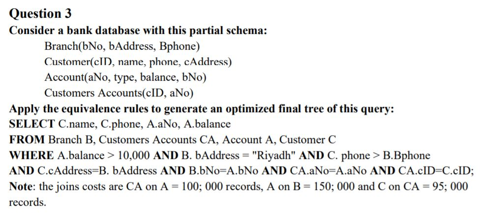 Solved Question 3 Consider a bank database with this partial | Chegg.com