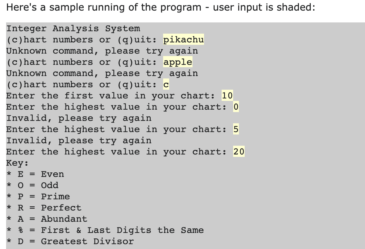 Solved Integer Analysis System (c) hart numbers or (q) uit: | Chegg.com