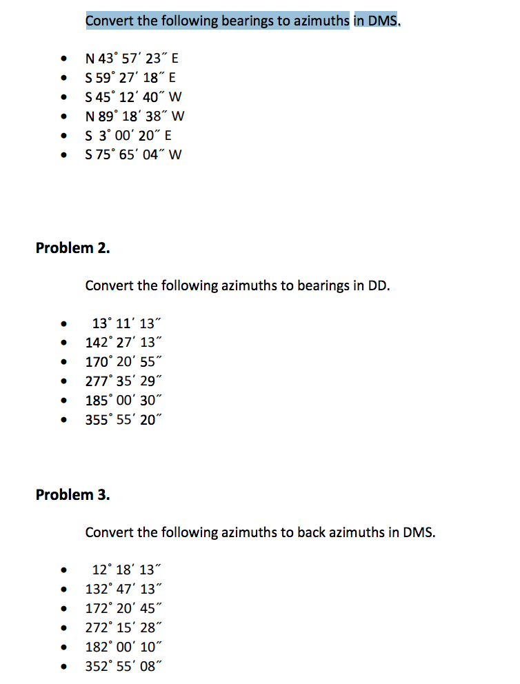 Solved Convert The Following Bearings To Azimuths In Dms Solved Convert The Following Bearings