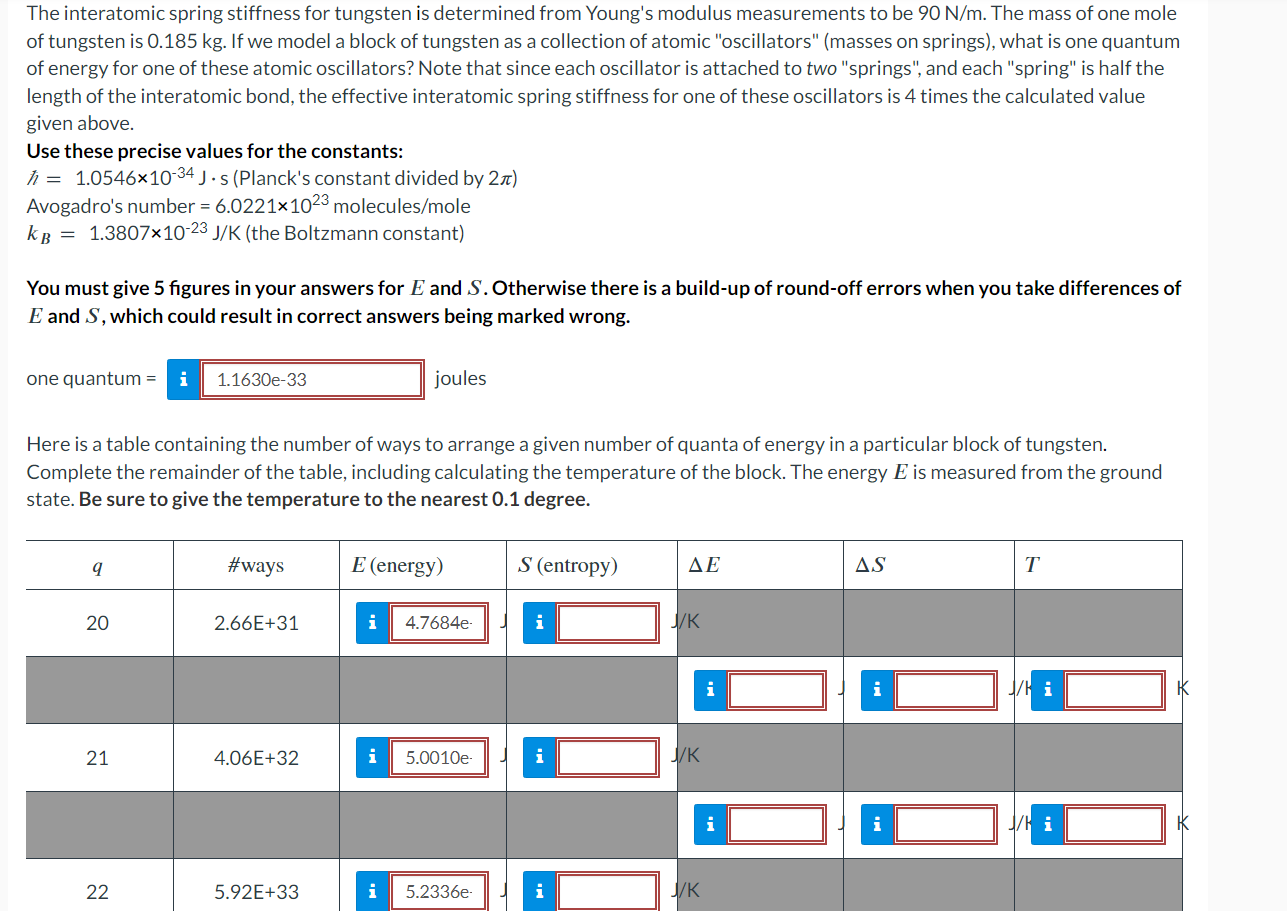 Solved The interatomic spring stiffness for tungsten is