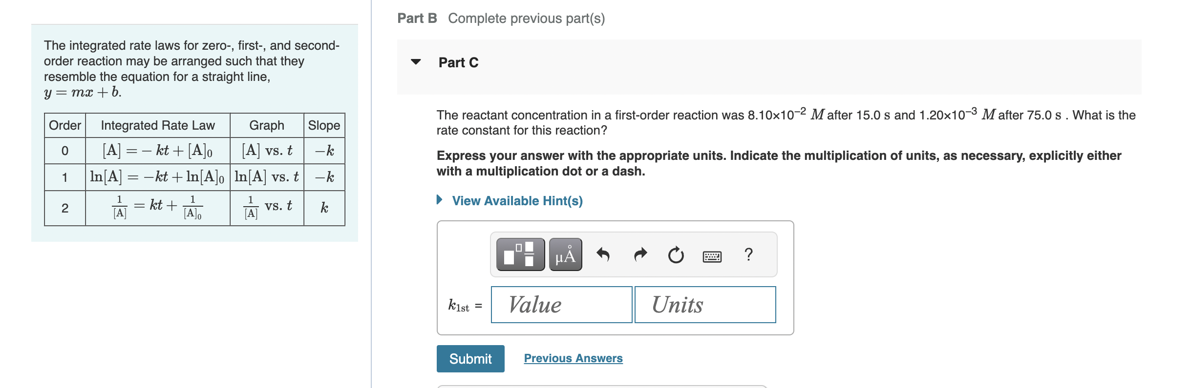 Solved The integrated rate laws for zero-, first-, and | Chegg.com