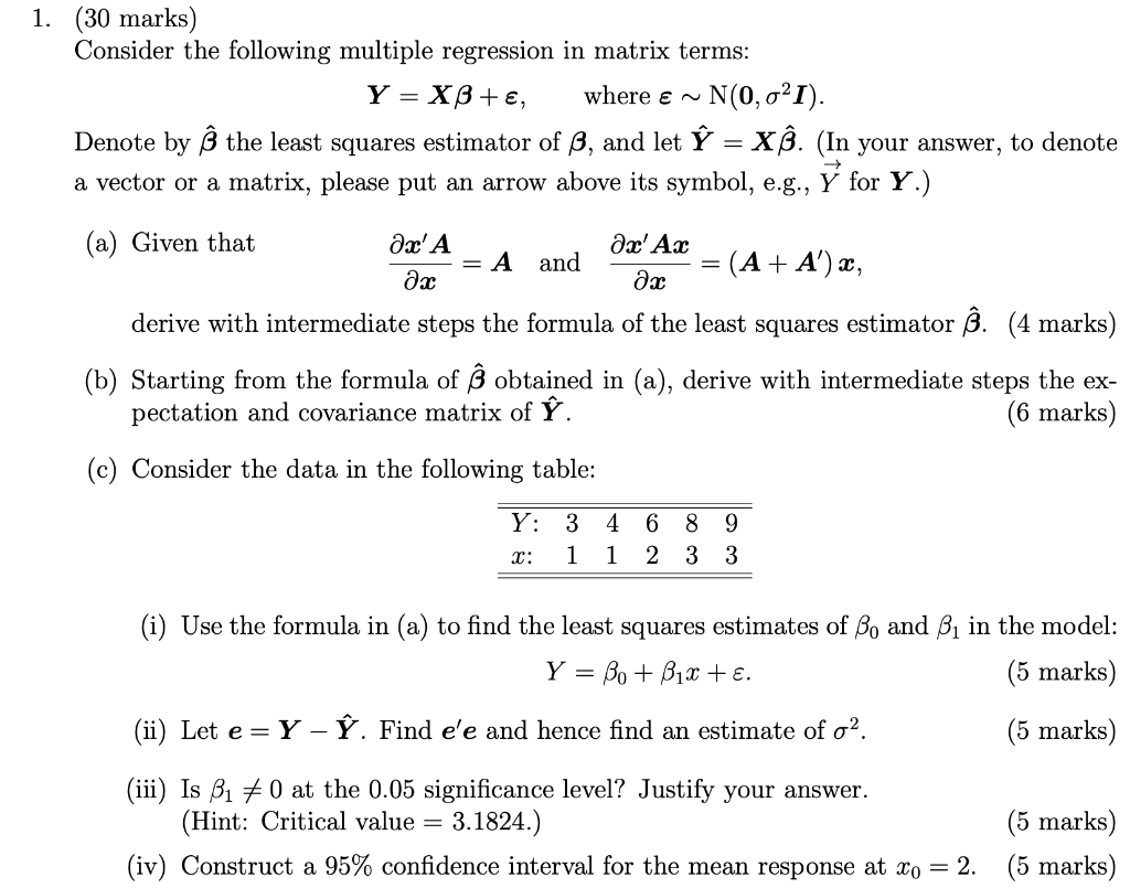 1 30 Marks Consider The Following Multiple Regr Chegg Com