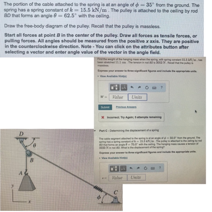 Solved The portion of the cable attached to the spring is at | Chegg.com