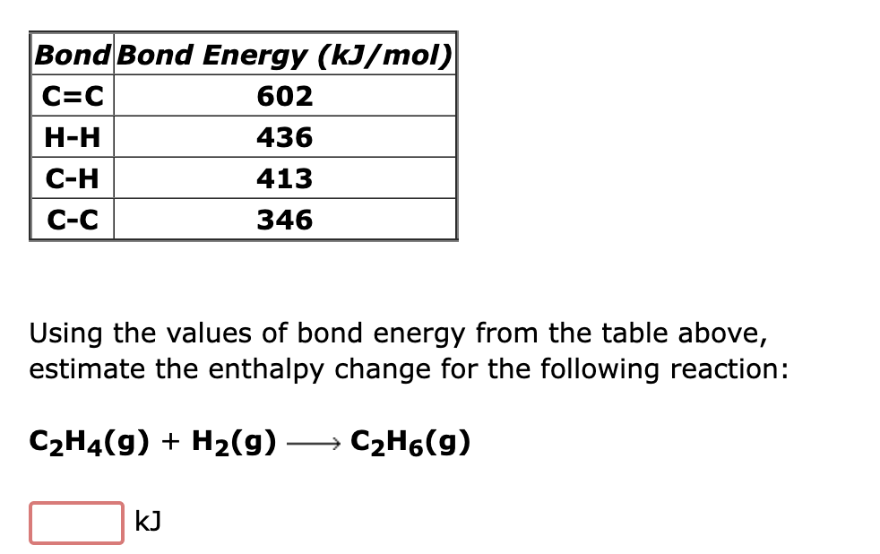 Solved Bond Bond Energy kJ mol C C 602 H H 436 C H 413 C C