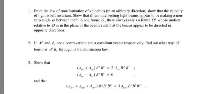 Solved 1. From the law of transformation of velocities (in | Chegg.com