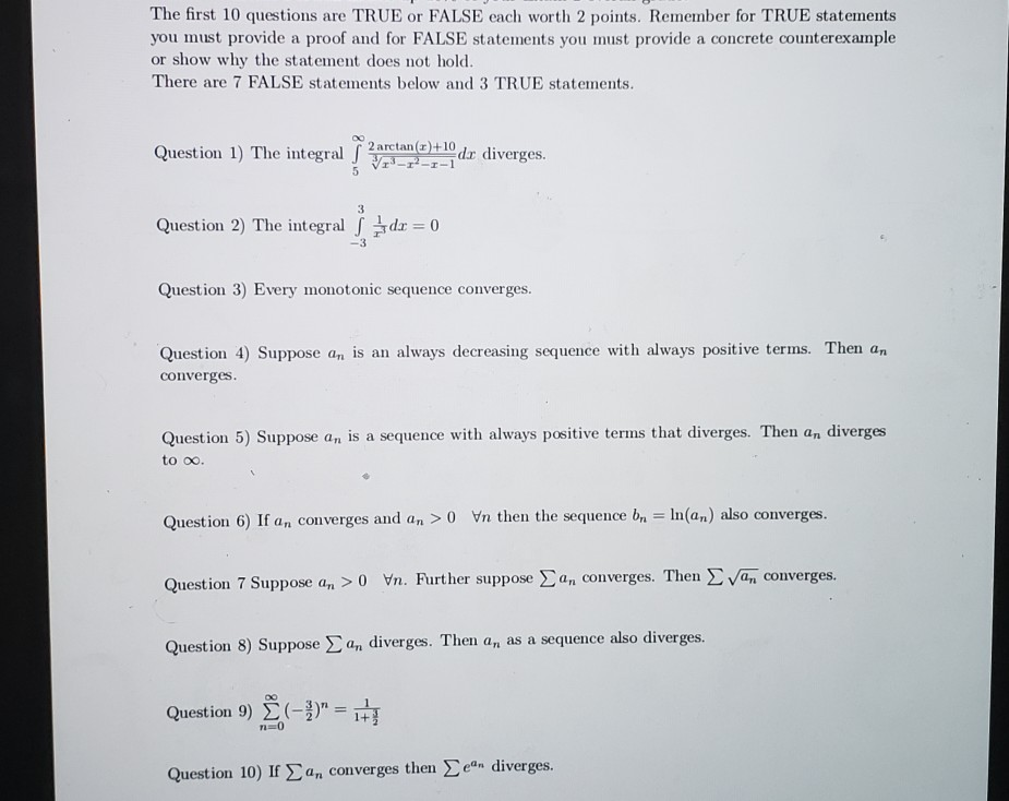 Solved The first 10 questions are TRUE or FALSE each worth 2 | Chegg.com