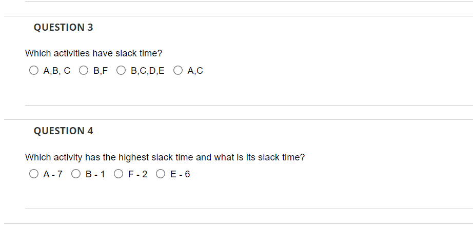 Which activities have slack time?
\[
A, B, C \quad B, F \quad B, C, D, E \quad A, C
\]
QUESTION 4
Which activity has the high