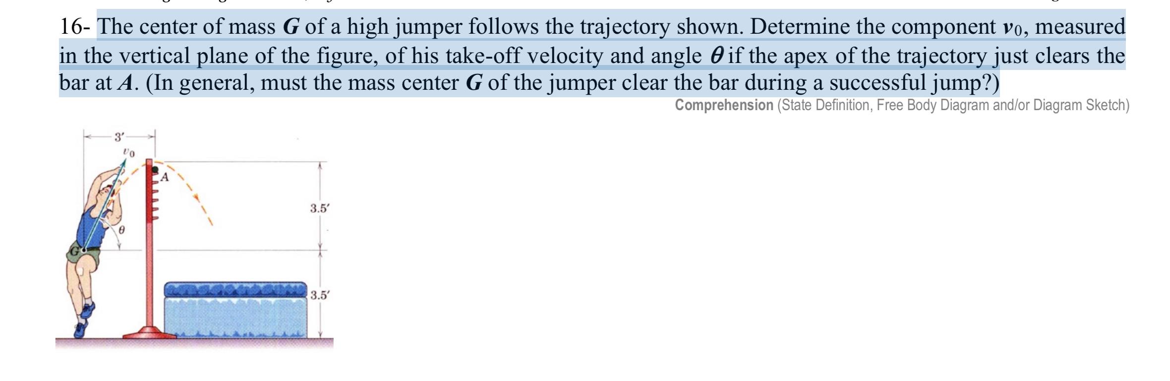 16- The center of mass \( G \) of a high jumper follows the trajectory shown. Determine the component \( \boldsymbol{v}_{0} \