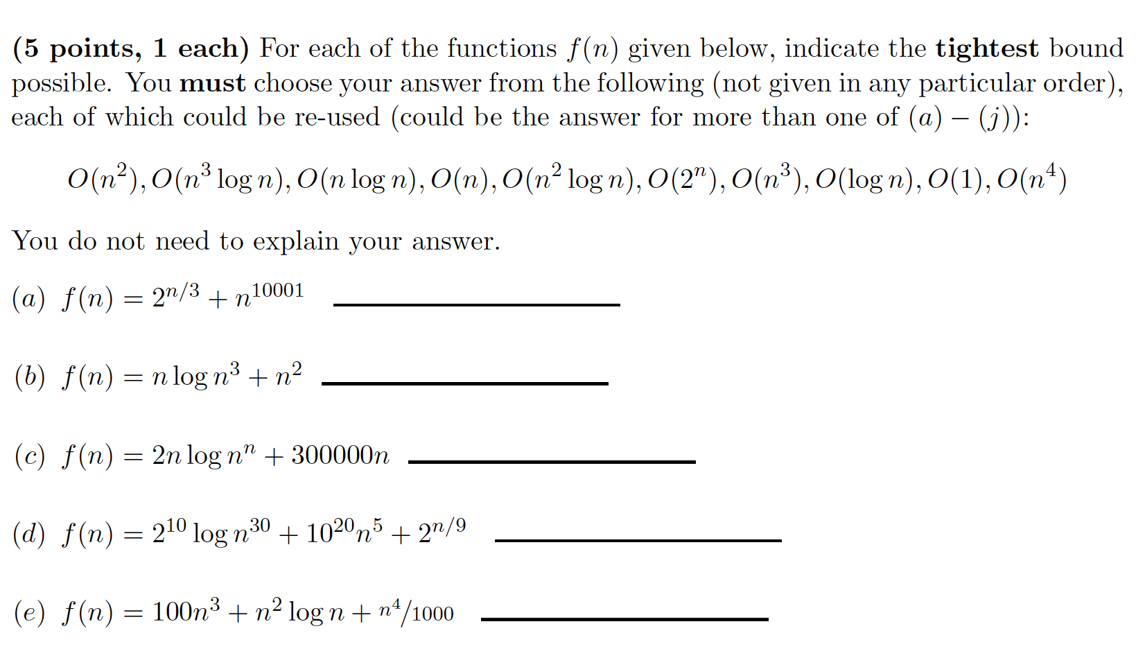 Solved (5 Points, 1 Each) For Each Of The Functions F(n) | Chegg.com