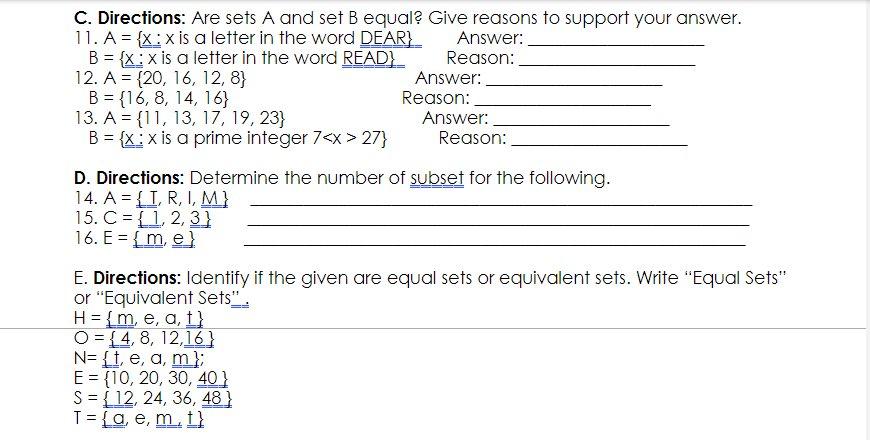 Solved C. Directions: Are Sets A And Set B Equal? Give | Chegg.com