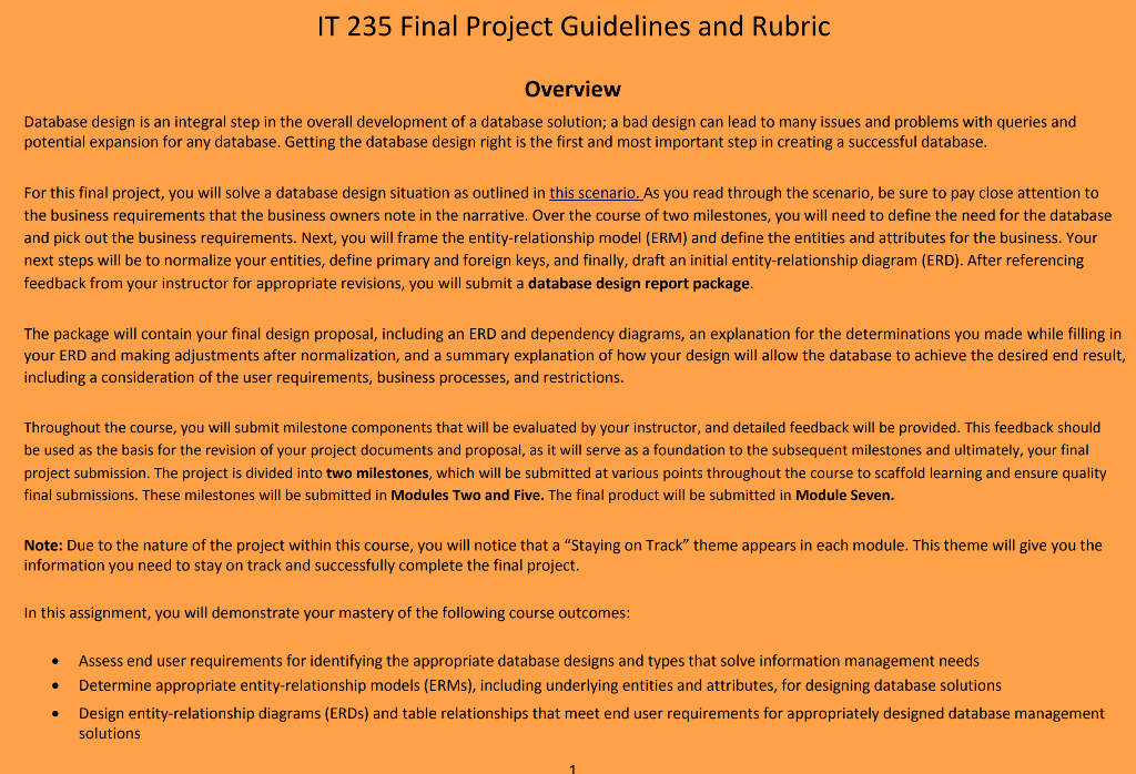 IT 235 Final Project Guidelines and Rubric Overview | Chegg.com