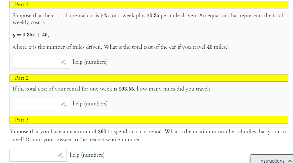 Solved Part 1 Suppose that the cost of a rental car is $45 | Chegg.com