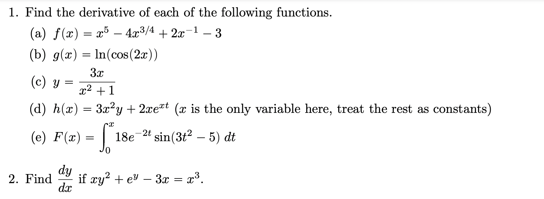 Solved 1. Find the derivative of each of the following | Chegg.com