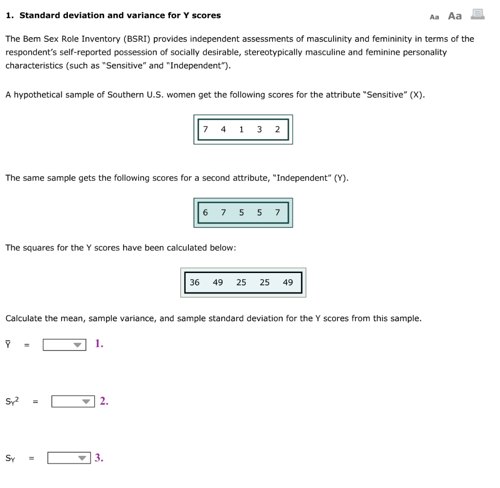 Solved 1. Standard deviation and variance for Y scores Aa Aa | Chegg.com