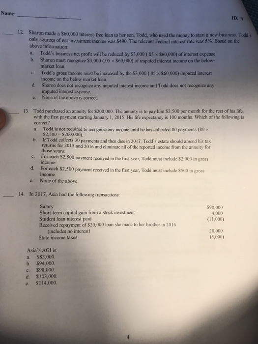 Solved Name: ID: A 12. Sharon made a $60,000 interest-free | Chegg.com