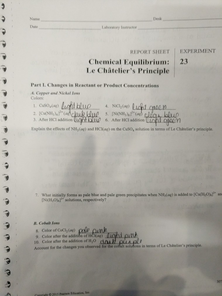 308 Report Sheet Chemical Equilibrium Le