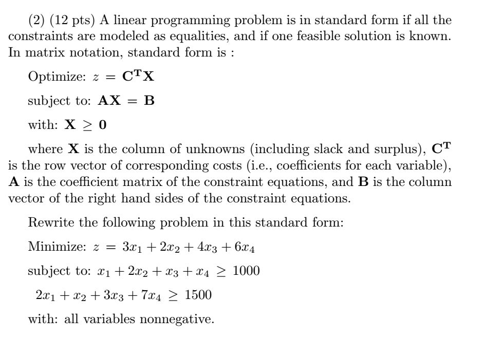 Solved (2) (12 pts) A linear programming problem is in | Chegg.com