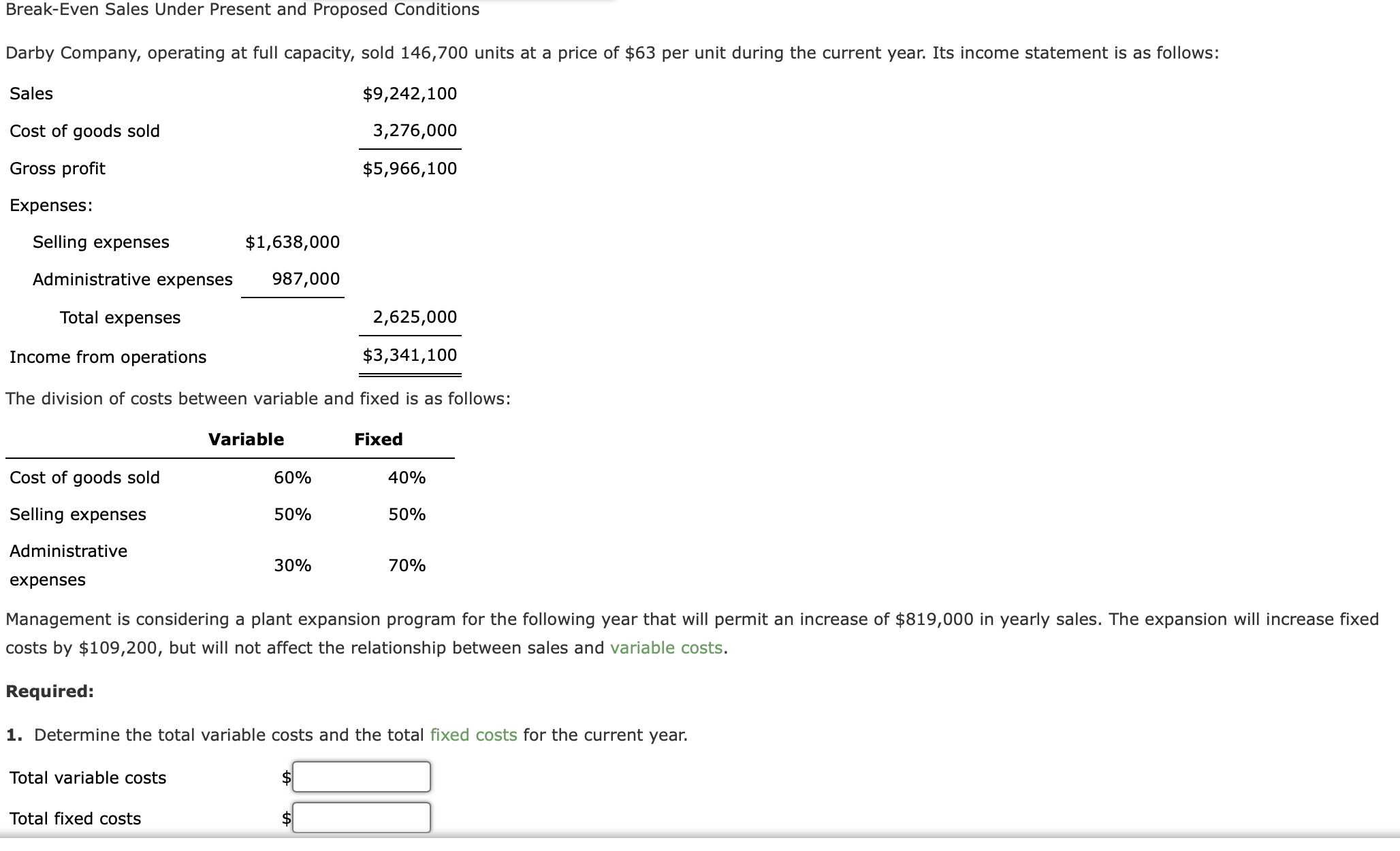 Solved Break-Even Sales Under Present And Proposed | Chegg.com