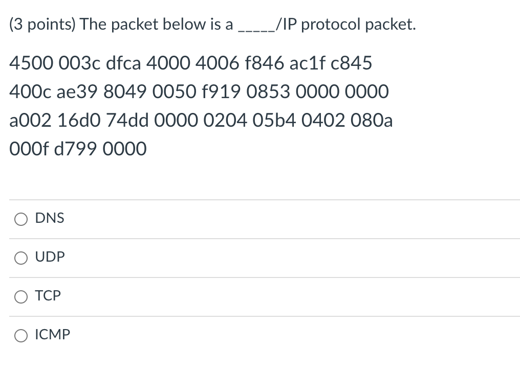 Solved (3 points) The packet below is a __/IP protocol | Chegg.com
