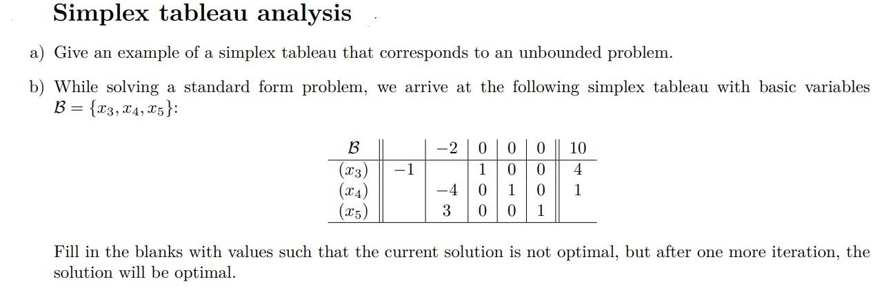 Simplex tableau analysis a) Give an example of a | Chegg.com