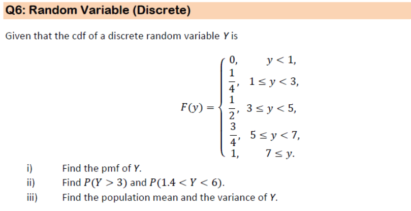 Solved Given that the cdf of a discrete random variable Y is | Chegg.com